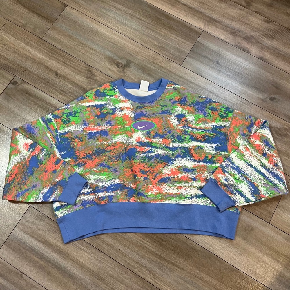 Nike Womens Abstract Multi Color Fleece Crewneck Sweatshirt Blue Green Orange M